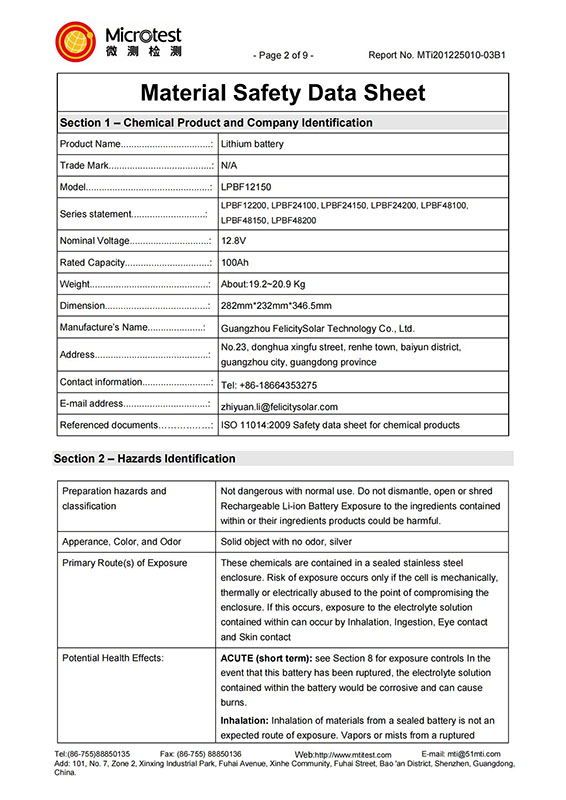 Seri LPBF, MSDS